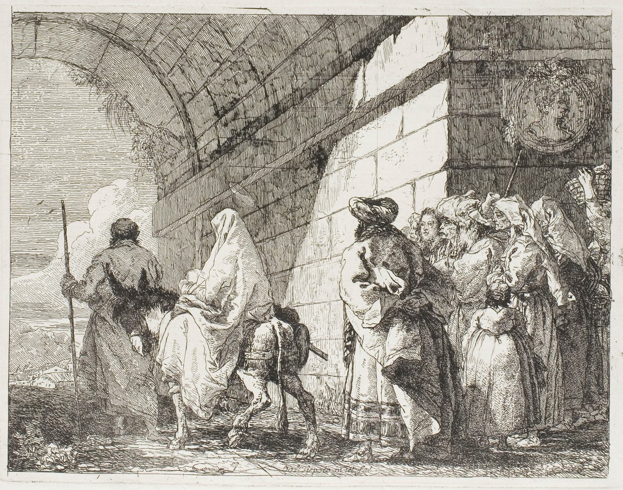 De Heilige Familie Verlaat een Stadspoort, plaat zeven uit De Vlucht naar Egypte door Giovanni Domenico Tiepolo