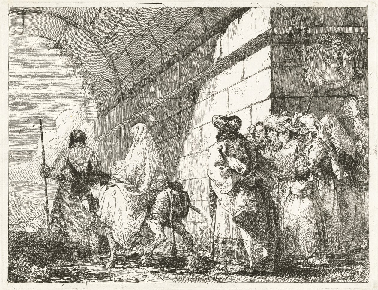 De Heilige Familie loopt onder een stadsboog door door Giovanni Domenico Tiepolo