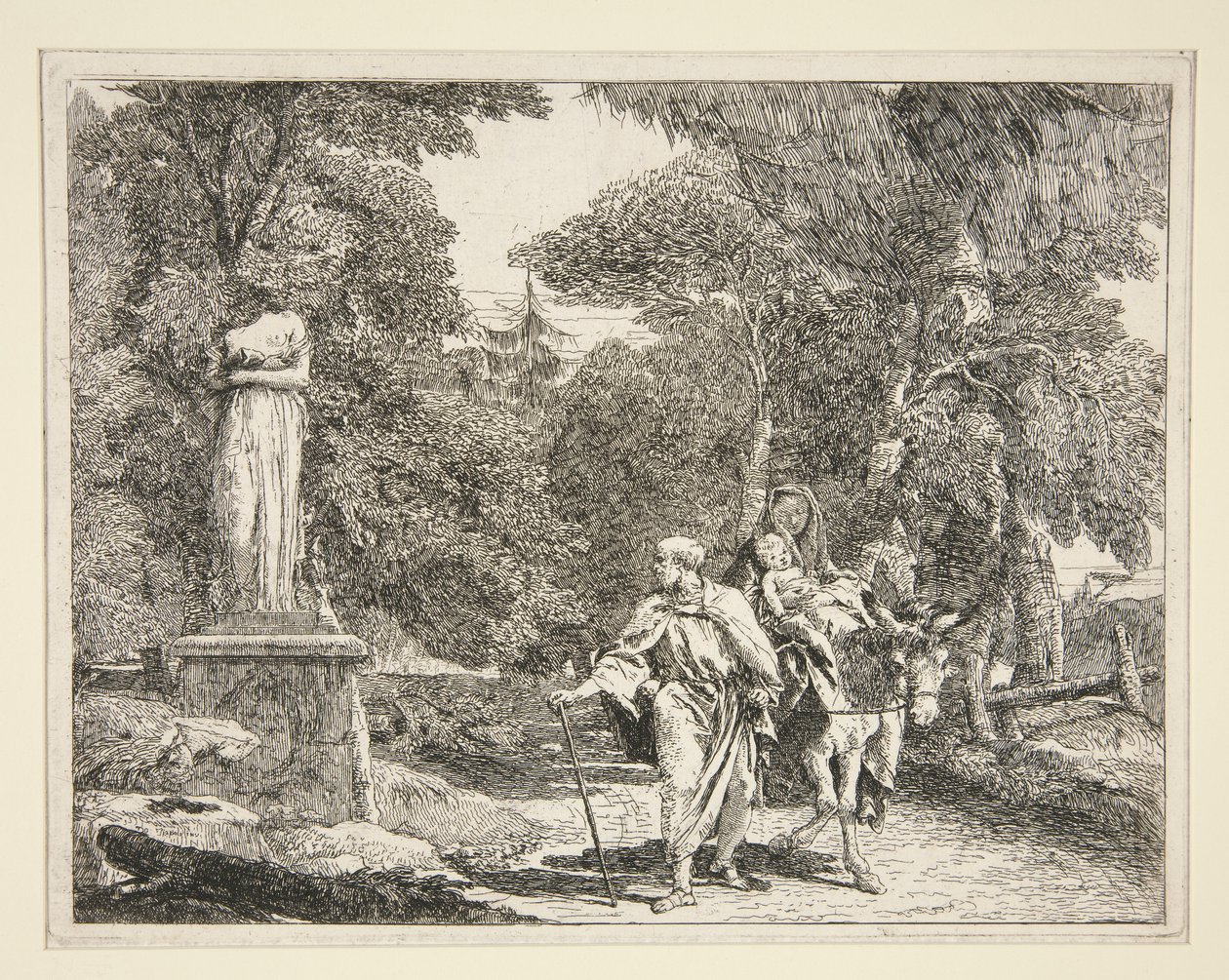 De Heilige Familie passeert een standbeeld, uit de serie Idee pittoresche sopra la fuga in Egitto door Giovanni Domenico Tiepolo