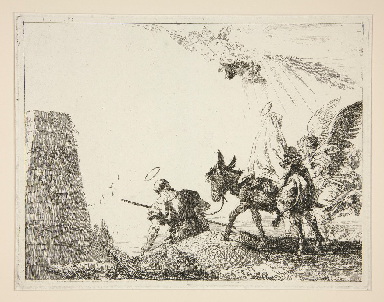 De Heilige Familie passeert een piramide, uit de serie Idee pittoresche sopra la fuga in Egitto (Vlucht naar Egypte) door Giovanni Domenico Tiepolo