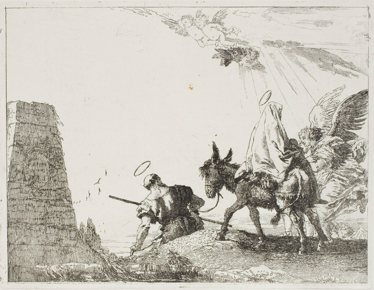 De Heilige Familie passeert een piramide, plaat twintig uit De vlucht naar Egypte door Giovanni Domenico Tiepolo
