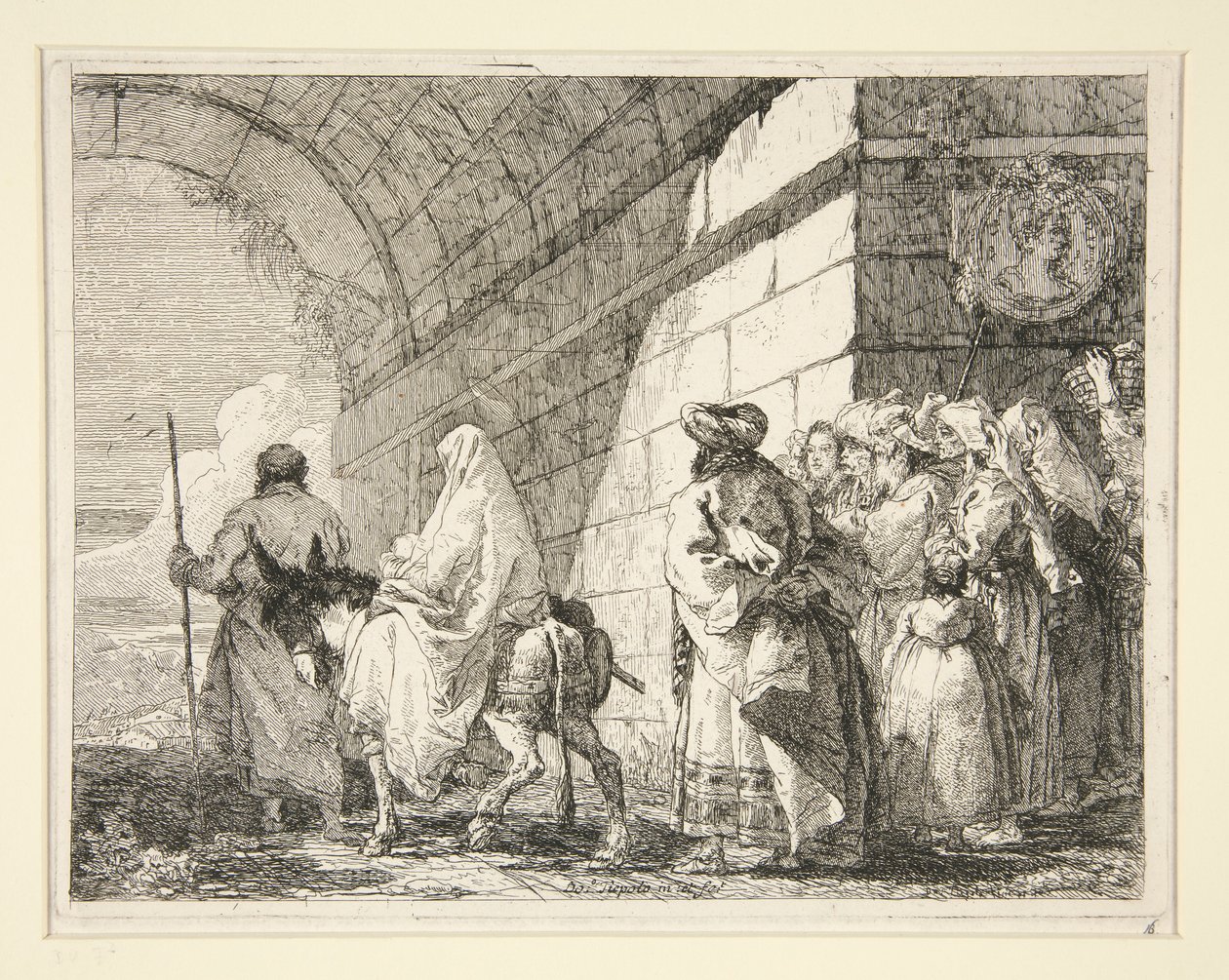 De Heilige Familie onder een boog, vertrekkend door een stadspoort, uit de serie Idee pittoresche sopra la fuga in Egitto (Vlucht naar Egypte) door Giovanni Domenico Tiepolo