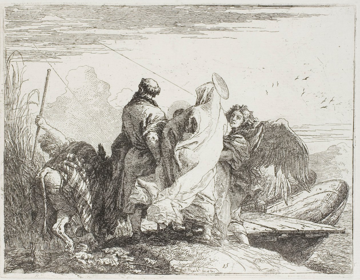 De Heilige Familie stapt van de oever, plaat vijftien uit De vlucht naar Egypte door Giovanni Domenico Tiepolo