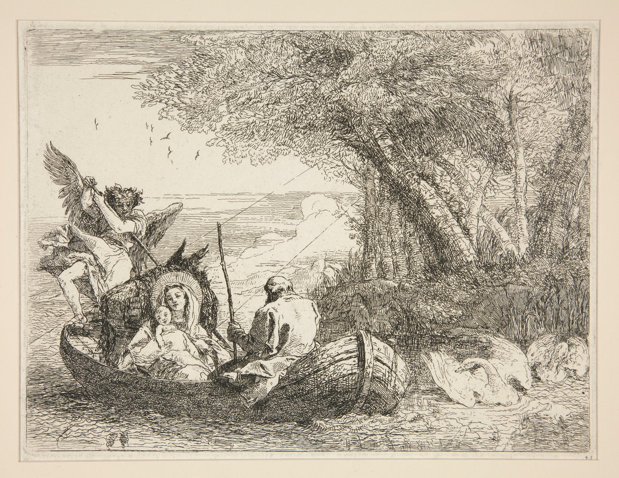 De Heilige Familie Reizend per Boot, uit de serie Idee pittoresche sopra la fuga in Egitto (Vlucht naar Egypte) door Giovanni Domenico Tiepolo