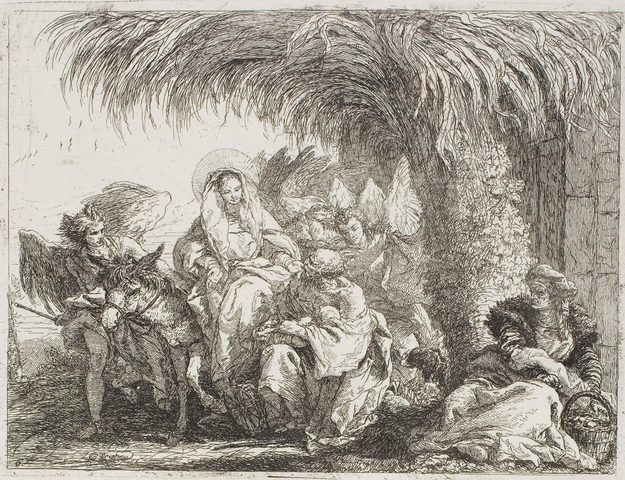 De Heilige Familie Onder een Palmboom, plaat zes uit De Vlucht naar Egypte door Giovanni Domenico Tiepolo