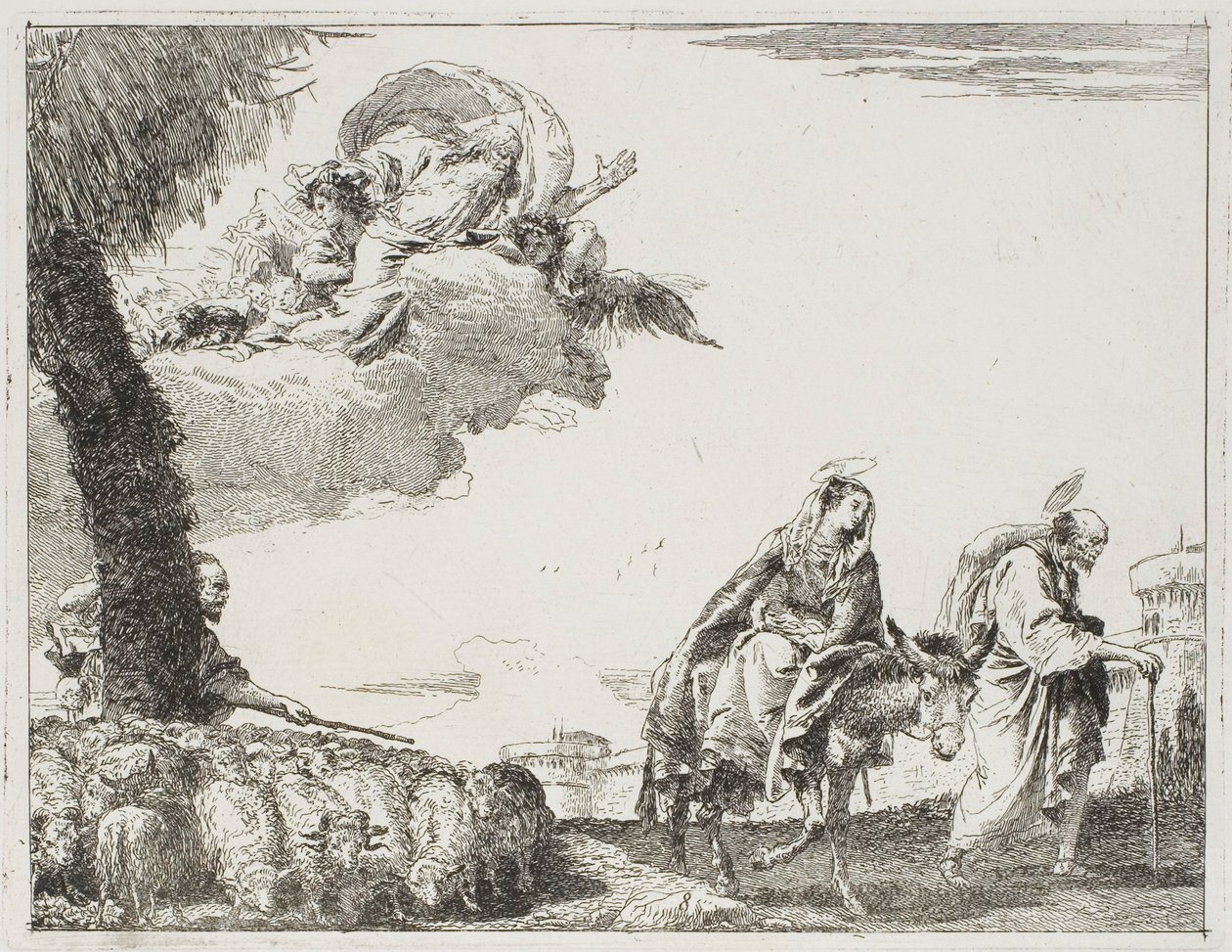 De Heilige Familie Wandelt Langs een Stadsmuur. Links een Herder met zijn Kudde en God de Vader, plaat acht uit De Vlucht naar Egypte door Giovanni Domenico Tiepolo
