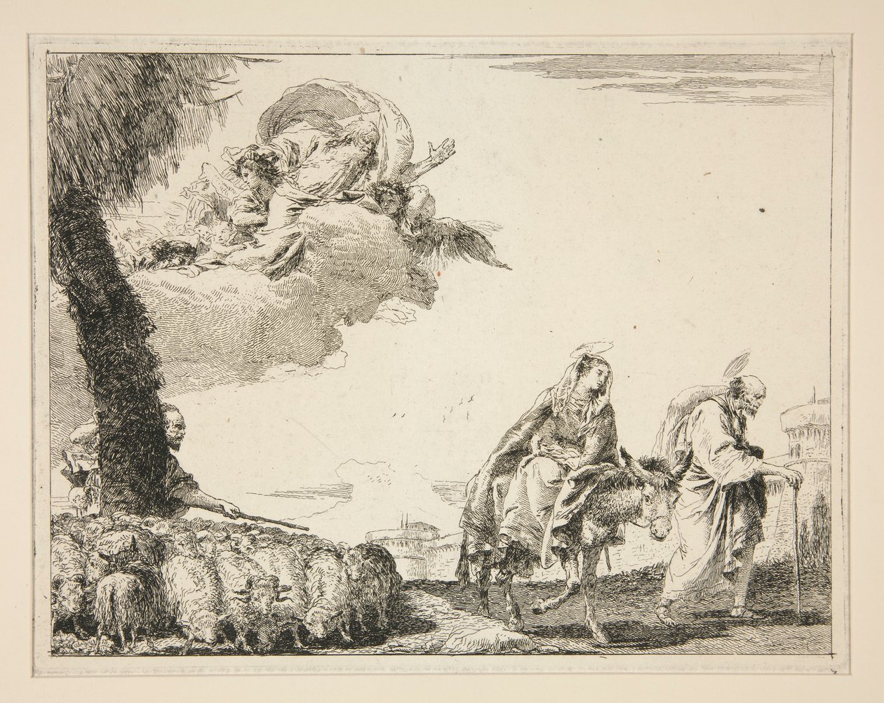 De Heilige Familie, uit de serie Idee pittoresche sopra la fuga in Egitto door Giovanni Domenico Tiepolo