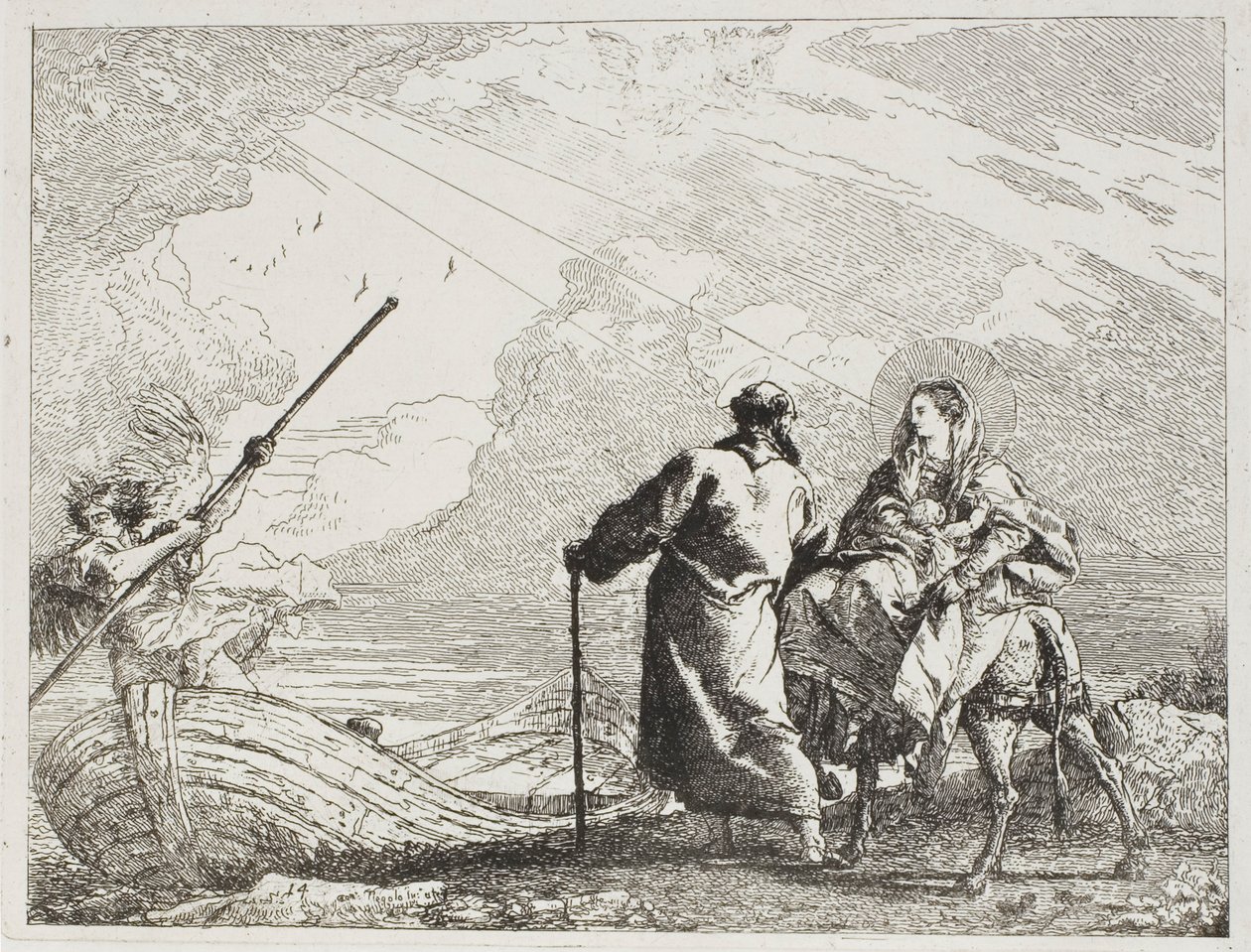 De Heilige Familie aan de oever van een rivier, plaat veertien uit De vlucht naar Egypte door Giovanni Domenico Tiepolo