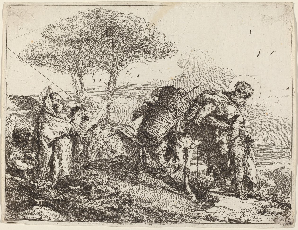 De Madonna en Kind links, met een rij engelen door Giovanni Domenico Tiepolo