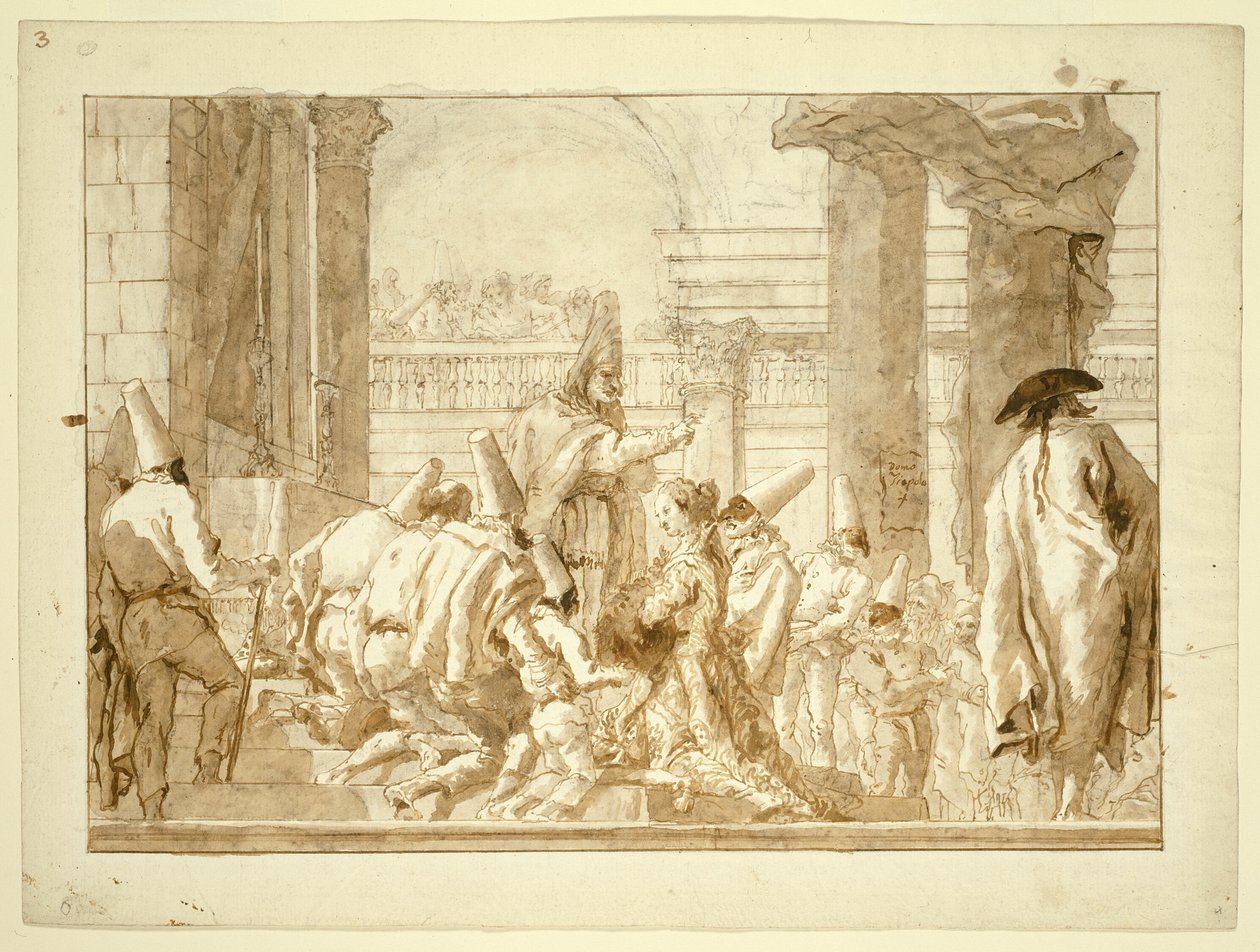 Het huwelijk van de vader van Punchinello door Giovanni Domenico Tiepolo