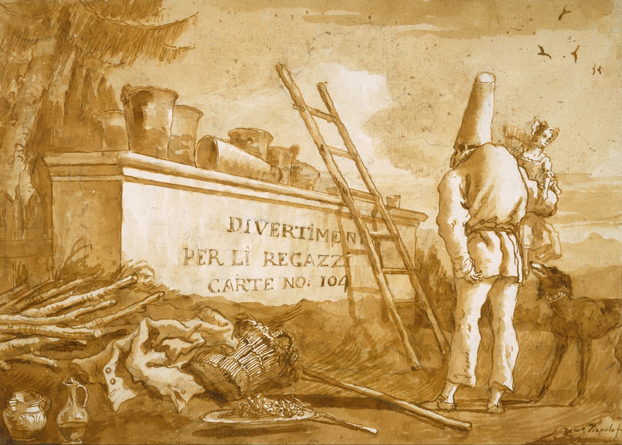 Titelpagina van de Punchinello serie door Giovanni Domenico Tiepolo
