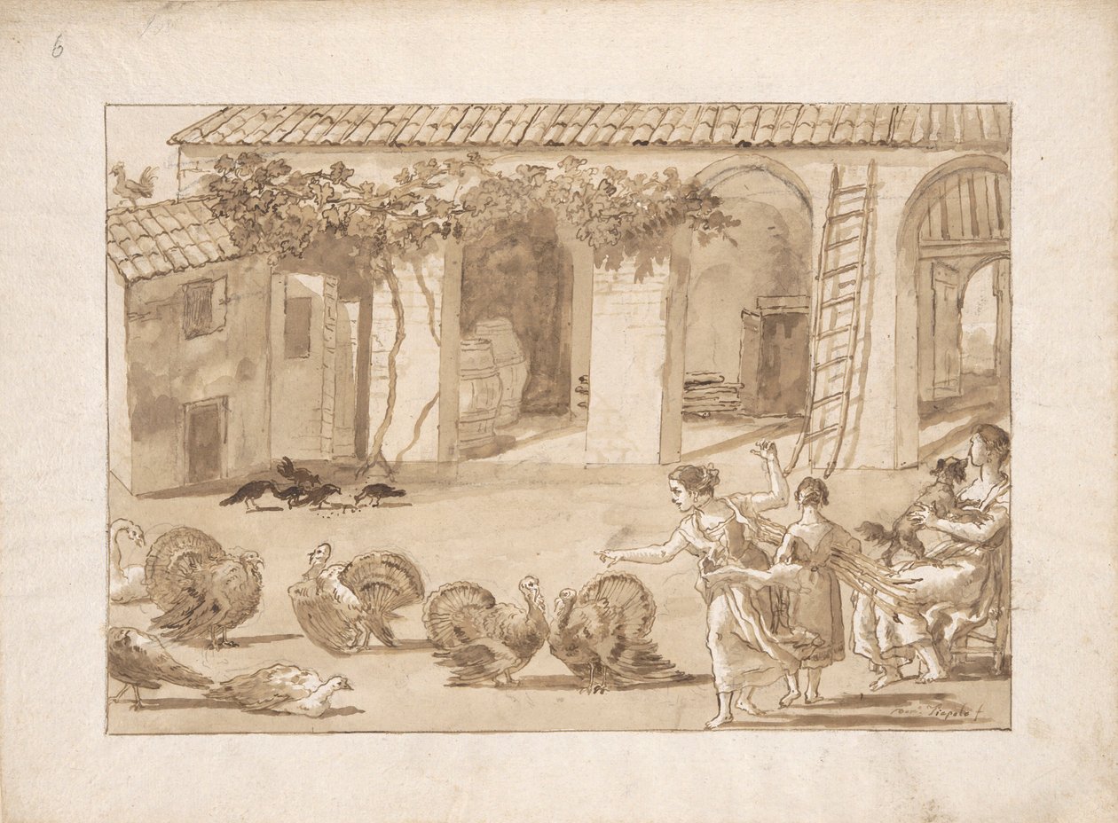 Kalkoenen in een Venetiaanse boerderij, de derde tekening in Tiepolo door Giovanni Domenico Tiepolo