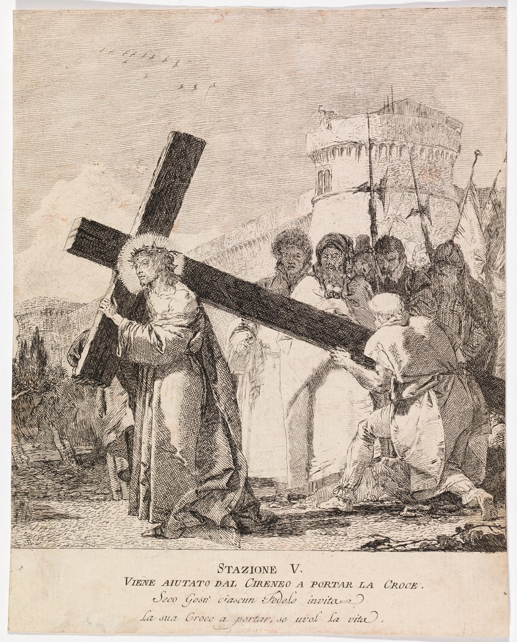 Via crucis - Statie V. Simon van Cyrene helpt Jezus het kruis te dragen door Giovanni Domenico Tiepolo