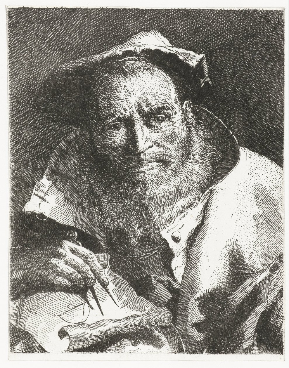 Wetenschapper met baret op hoofd en passer in hand door Giovanni Domenico Tiepolo