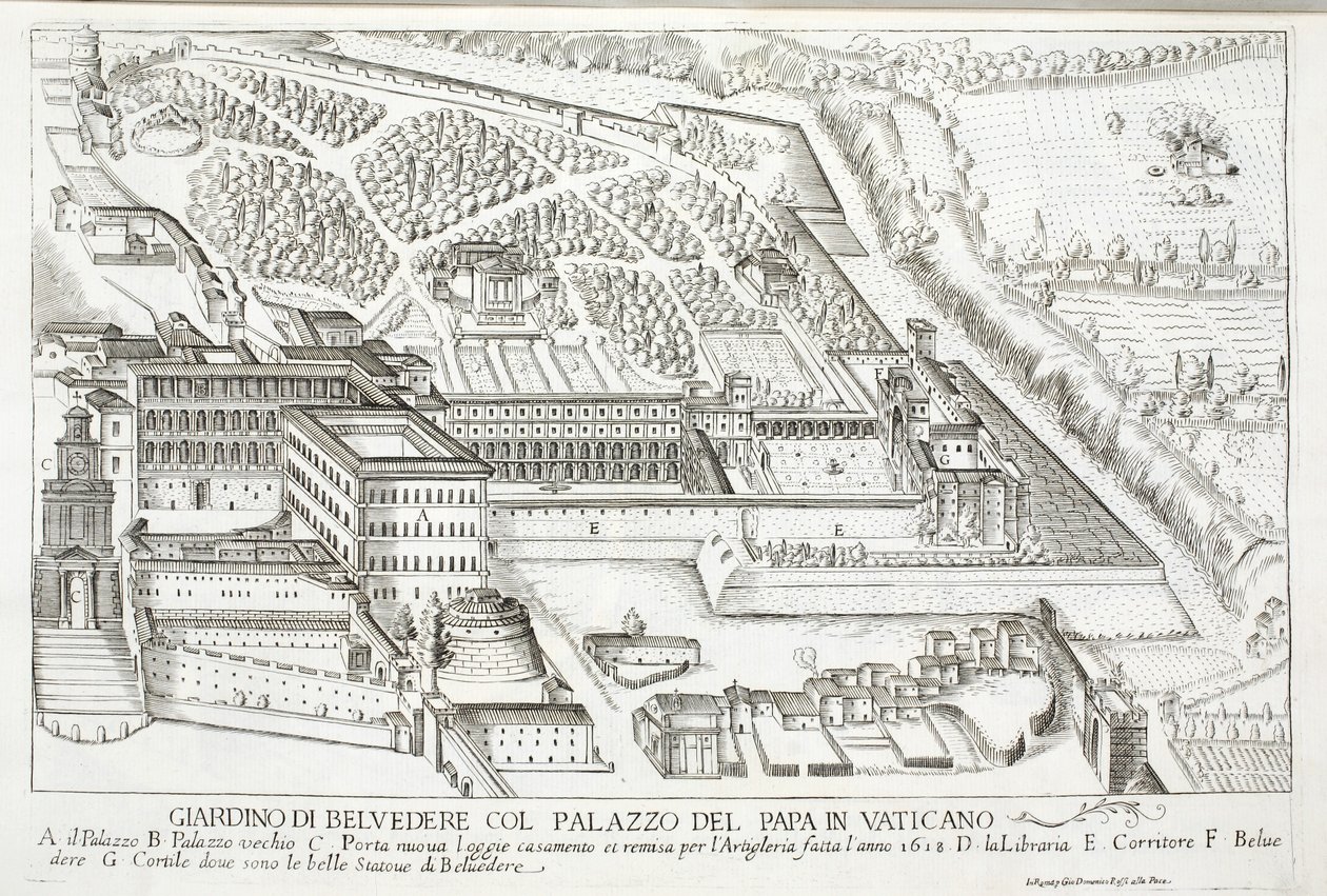 Uitzicht op de Belvedere-tuinen in het Pauselijk Paleis, Vaticaan door Giovanni Domenico de