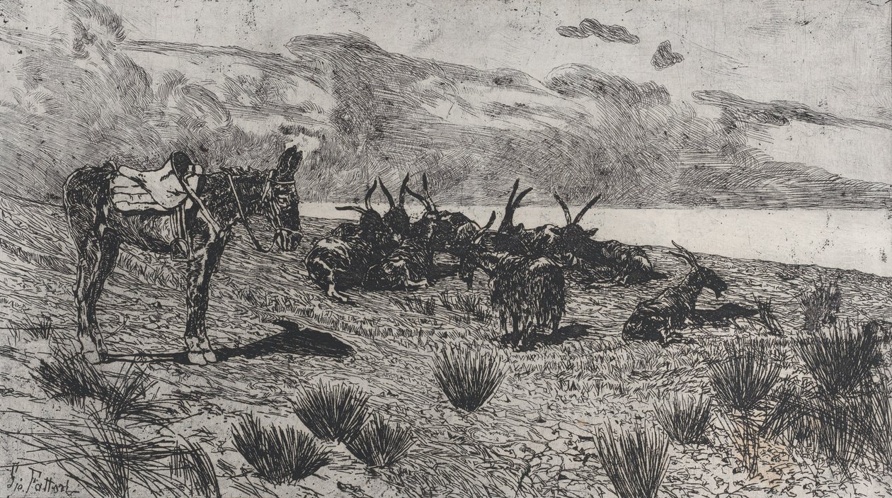 Ezel en geiten aan een kust in de winter door Giovanni Fattori