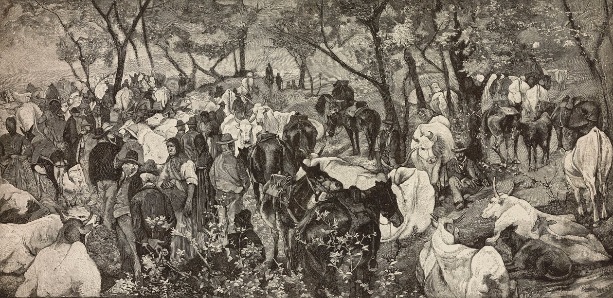 Markt in de Toscaanse Apennijnen, gravure naar een schilderij van Giovanni Fattori, uit L