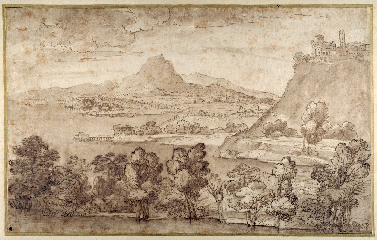 Landschap met een heuvelstad en een verder gelegen berg door Giovanni Francesco Grimaldi