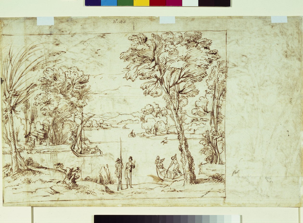Landschap met figuren aan een rivier door Giovanni Francesco Grimaldi