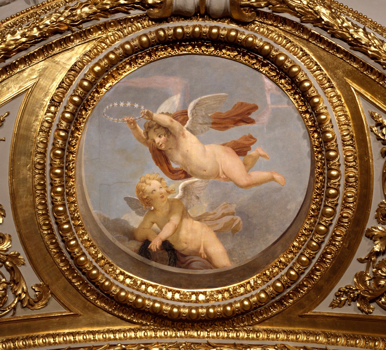 Liefde. Schilderij door Giovanni Romanelli, decoratie van het plafond van de Antonine Hal, slaapkamer van de zomerappartementen van koningin Anna van Oostenrijk door Giovanni Francesco Romanelli