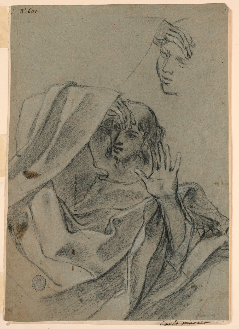 Tekenstudies met Vrouwengezicht en Liggende Man, en Rechterhand met Onderarm door Giovanni Francesco Barbieri