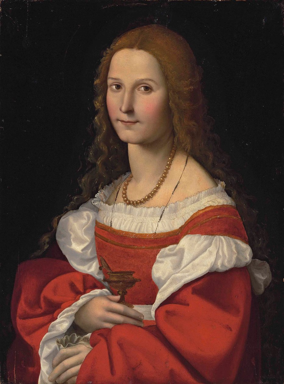 Portret van een dame als Maria Magdalena, halflang, in een rode jurk en parelketting door Giovanni Francesco Caroto