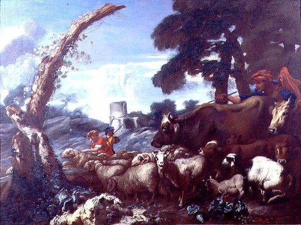 Landarbeiders met vee en schapen door Giovanni Francesco Castiglione