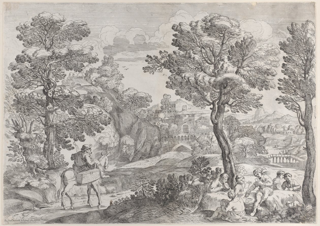 Een groep mensen die kaarten speelt rechts en een man te paard links door Giovanni Francesco Grimaldi