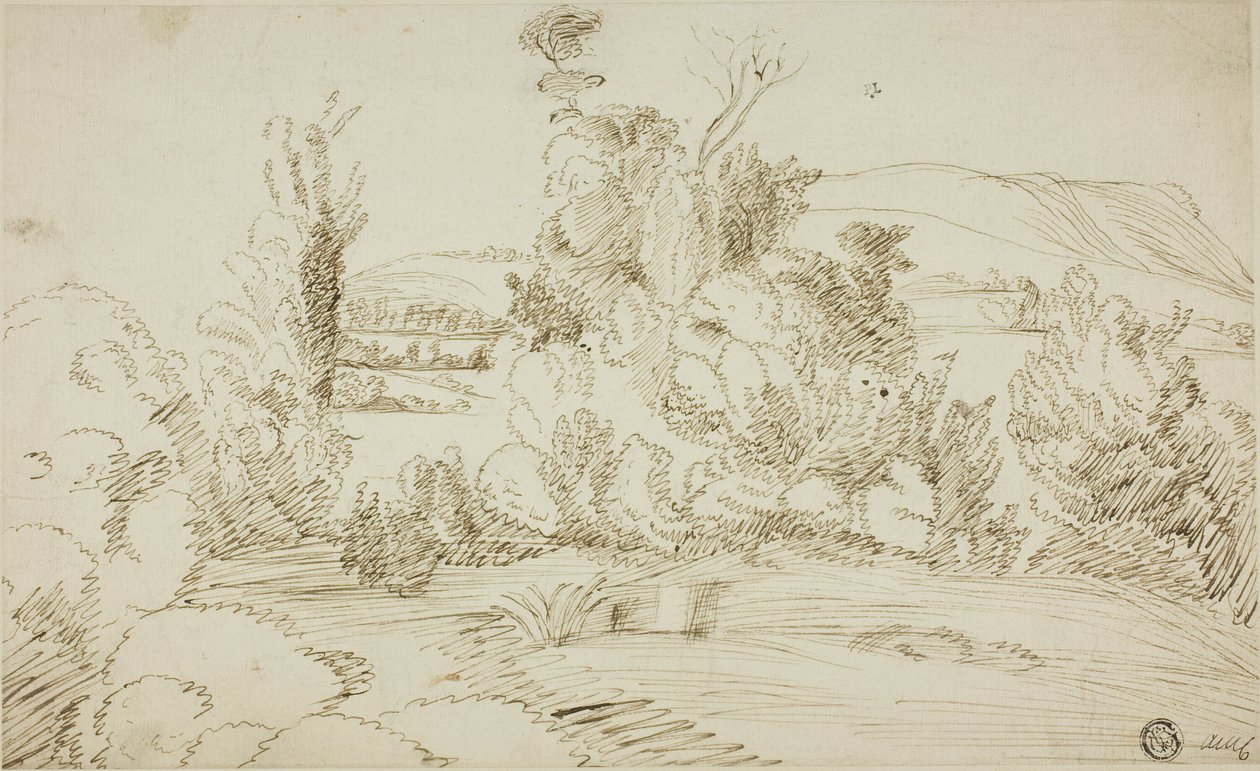 Bos van bomen met heuvels in de verte door Giovanni Francesco Grimaldi