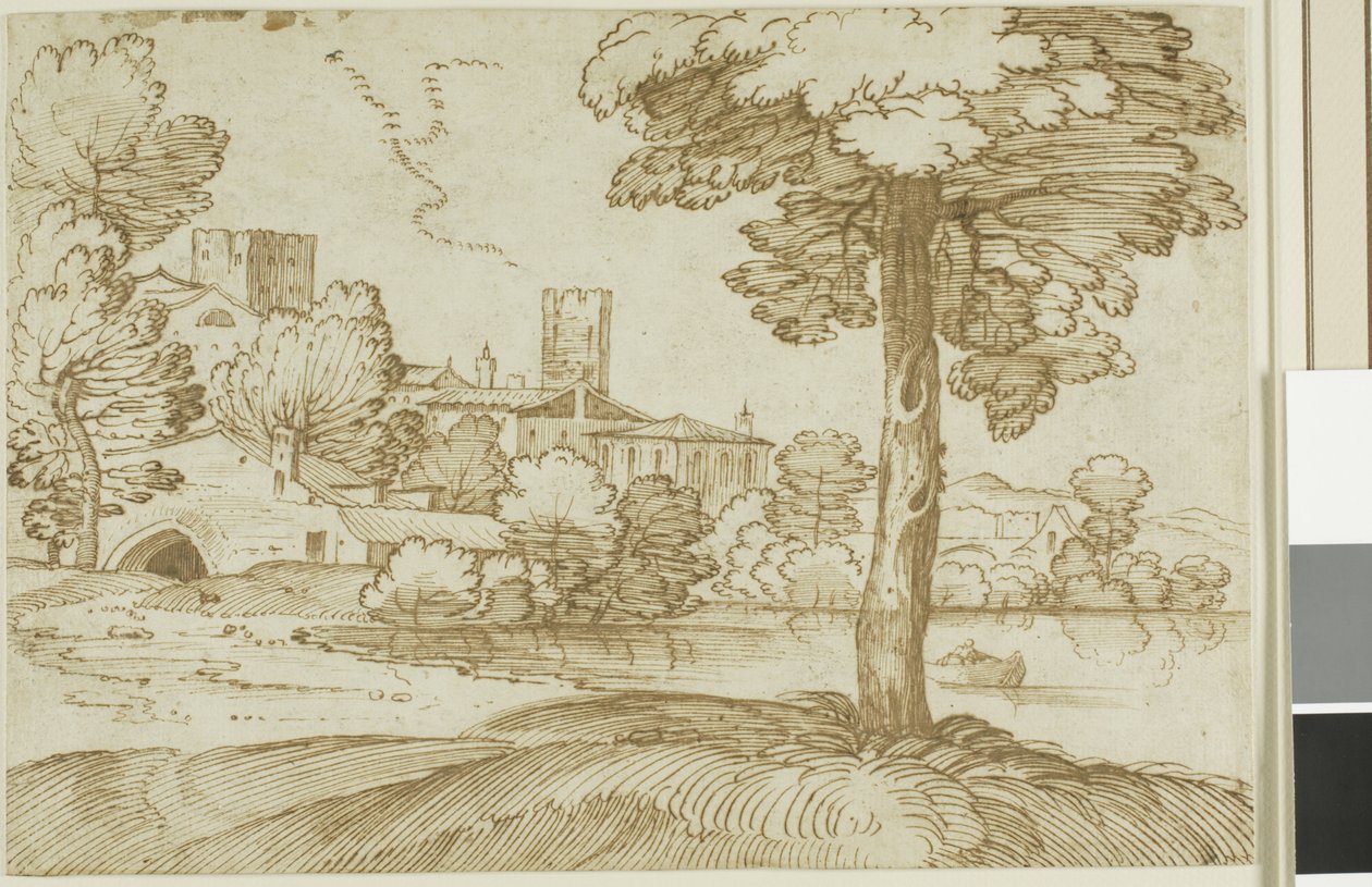 Landschap met een grote boom rechts en een verre blik op een stad links door Giovanni Francesco Grimaldi