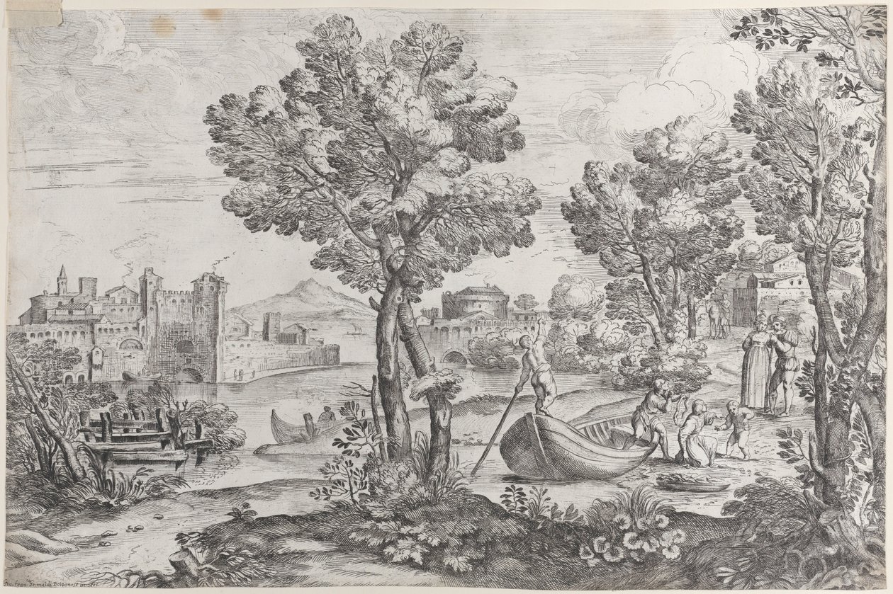 Landschap met een man die een slang vasthoudt voor een doodsbang kind, bekeken door een modieus geklede heer, 1626-80 door Giovanni Francesco Grimaldi
