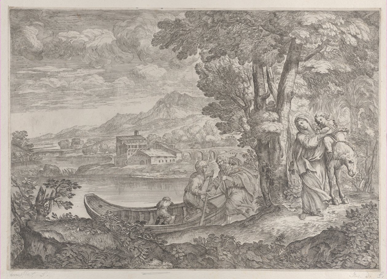 Landschap met de vlucht naar Egypte, 1626-1680 door Giovanni Francesco Grimaldi