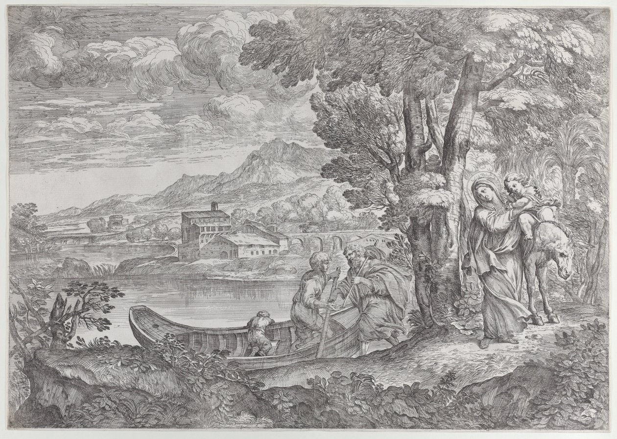 Landschap met de vlucht naar Egypte, 1626-80 door Giovanni Francesco Grimaldi