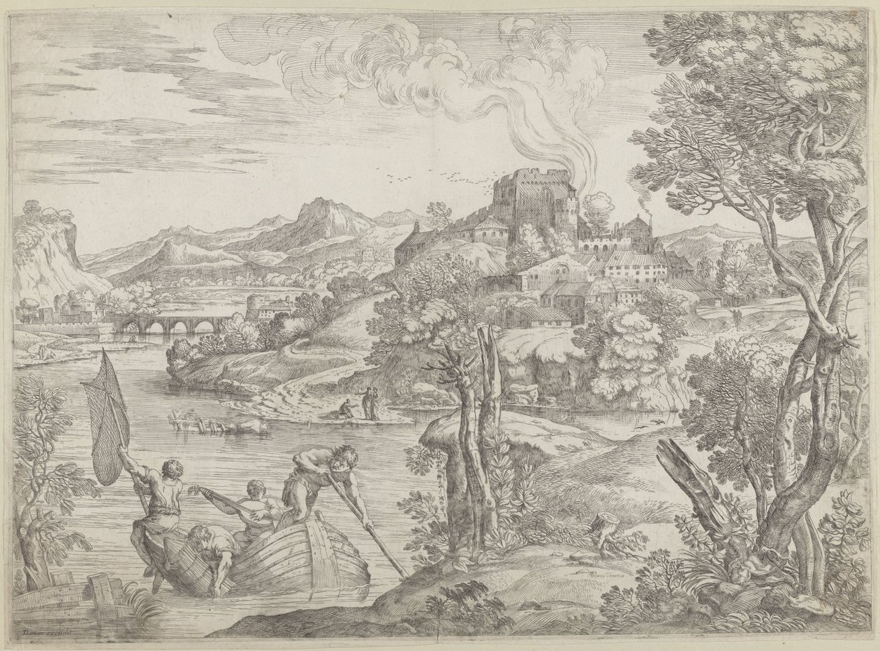 Landschap met luitspeler door Giovanni Francesco Grimaldi