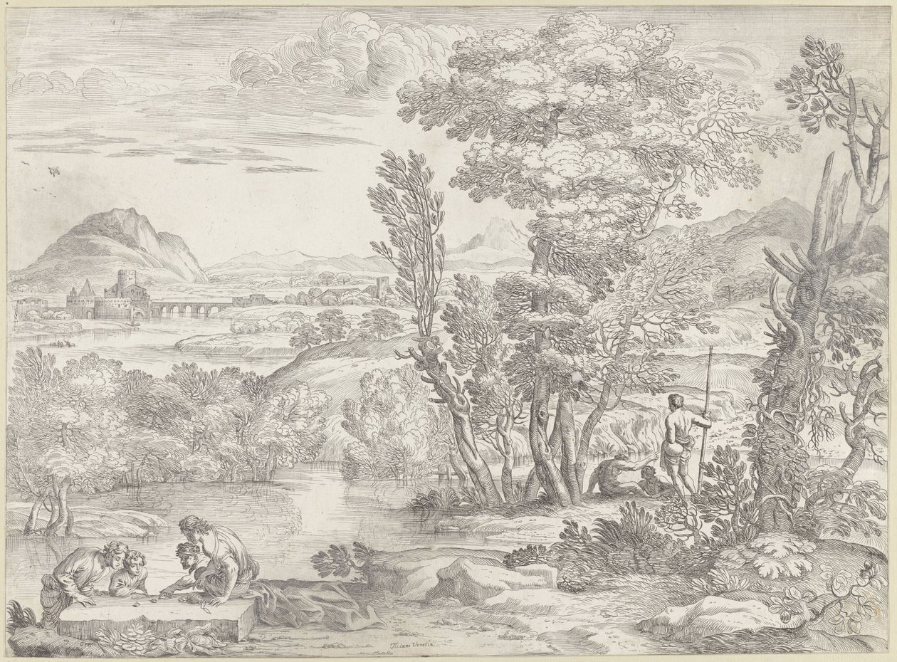 Landschap met vier dobbelaars door Giovanni Francesco Grimaldi