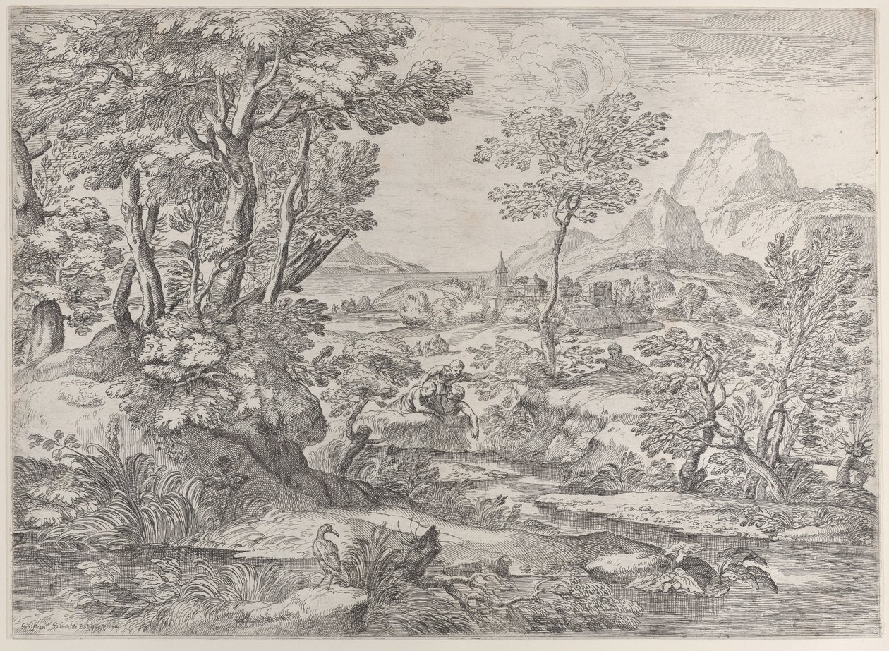 Drie jongens in een landschap met een stad op de achtergrond, 1626-80 door Giovanni Francesco Grimaldi