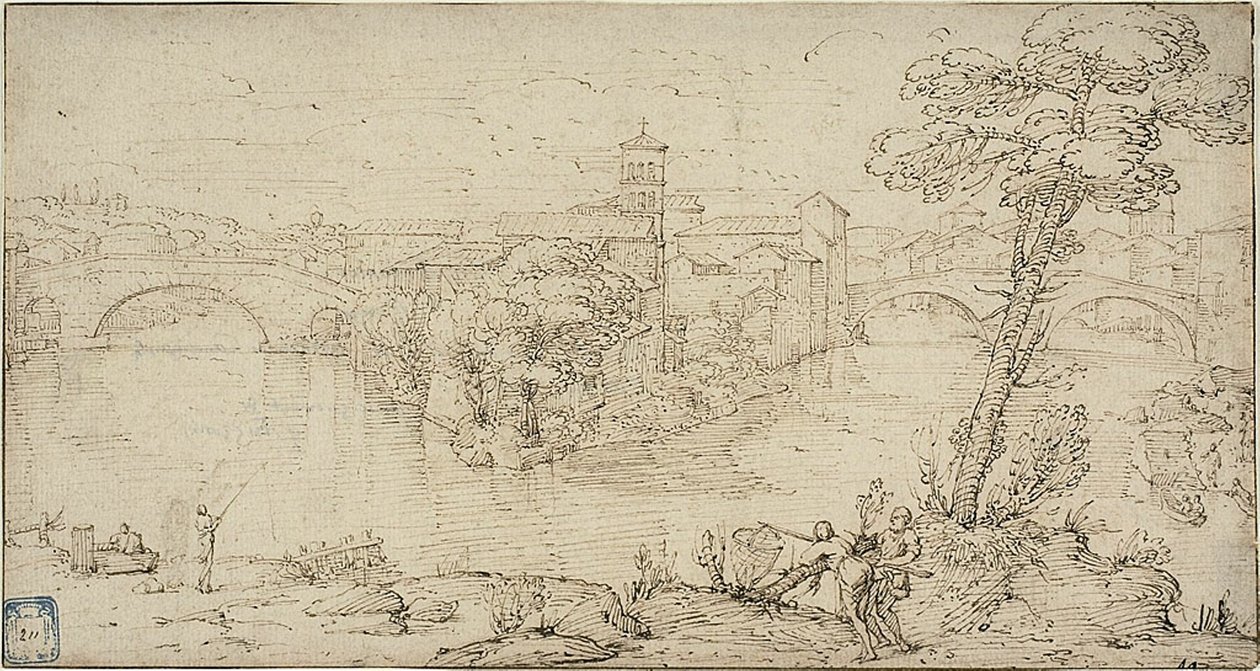 Uitzicht op Isola Tiberina door Giovanni Francesco Grimaldi