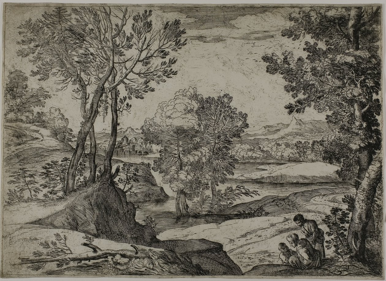 Vrouw, Haar Kind en een Staande Man in een Landschap door Giovanni Francesco Grimaldi
