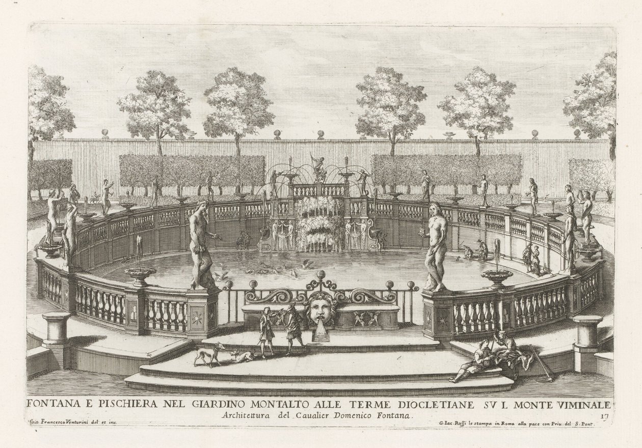 Fontein en visvijver in de tuinen van de Villa Montalto te Rome door Giovanni Francesco Venturini