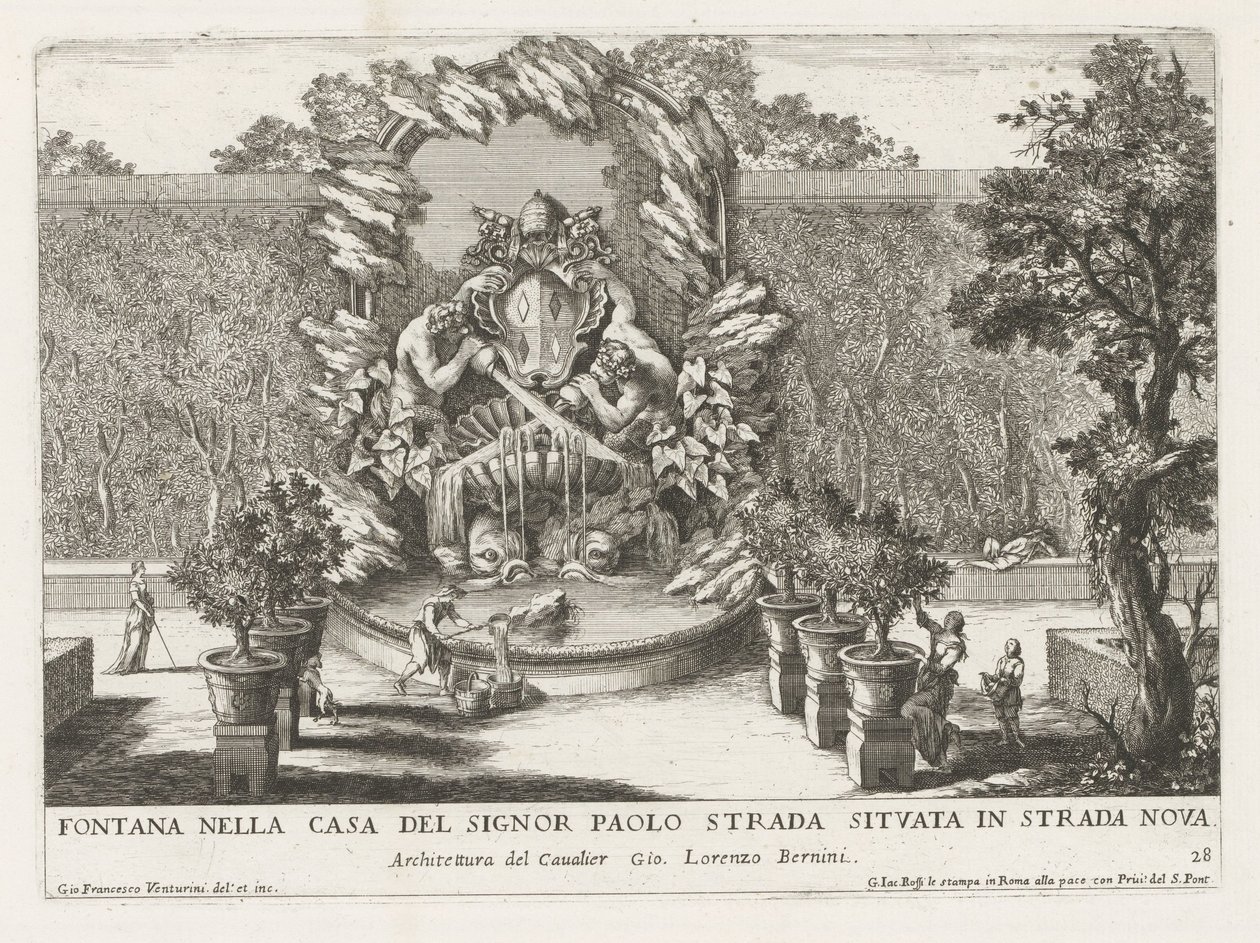 Fontein met een pauselijk wapenschild, twee tritons en dolfijnen Fonteinen in de paleizen en tuinen van Rome door Giovanni Francesco Venturini