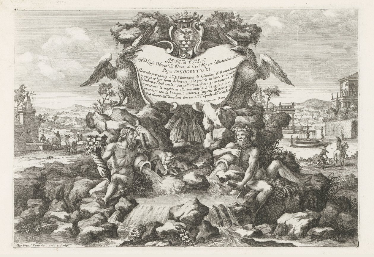 Fontein met opdracht aan en wapen van Livio Odescalchi door Giovanni Francesco Venturini