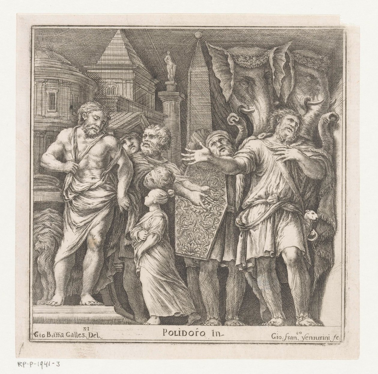 Groep figuren en twee olifanten in een stad door Giovanni Francesco Venturini