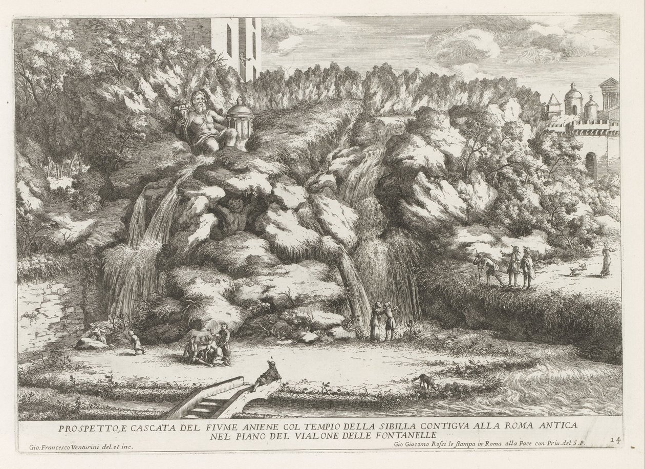 Landschap met cascade en Tempel van de Tiburtijnse Sibille te Tivoli door Giovanni Francesco Venturini