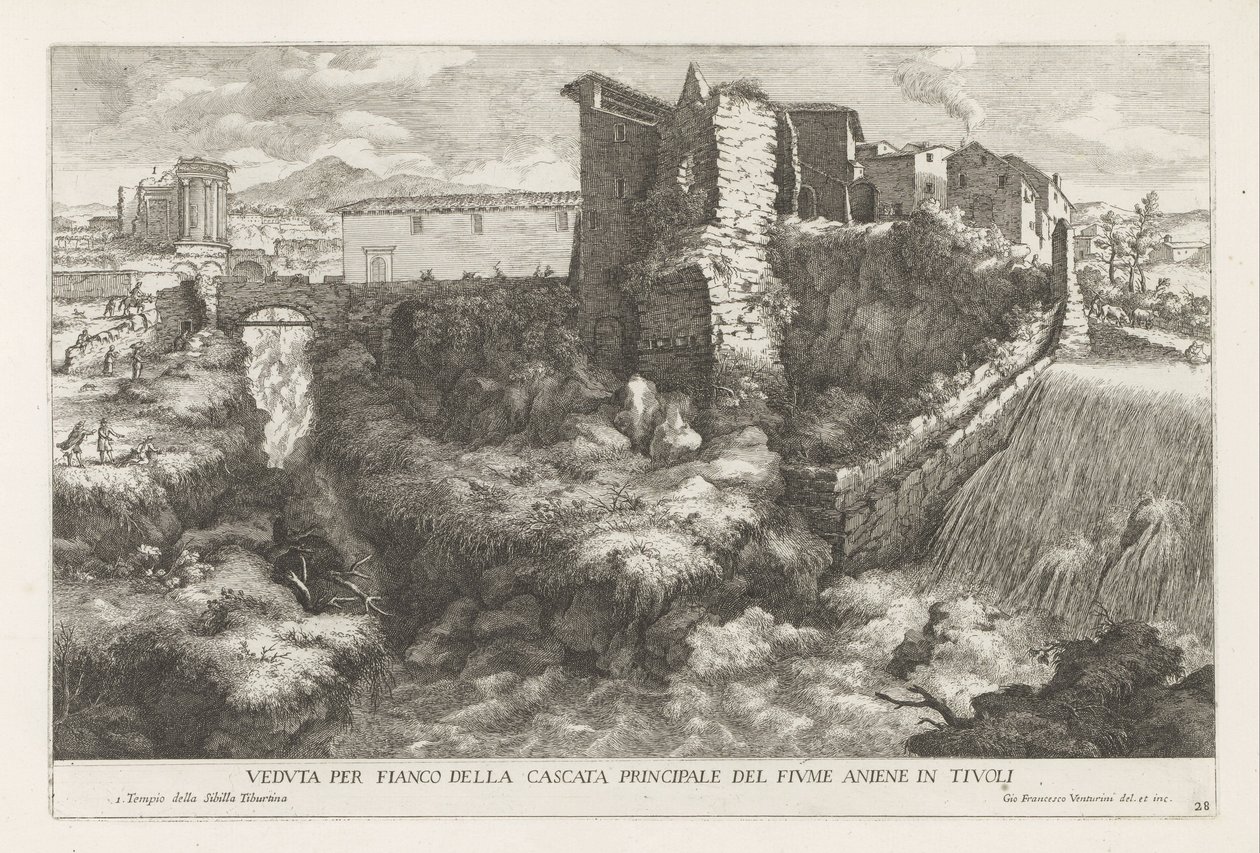 Landschap met waterval en tempel van de Tiburtijnse Sibille te Tivoli door Giovanni Francesco Venturini