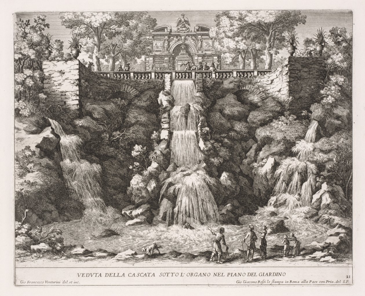 De fonteinen van Rome, Boek IV, plaat 21: Uitzicht op de waterval onder het orgel vanuit de tuin door Giovanni Francesco Venturini