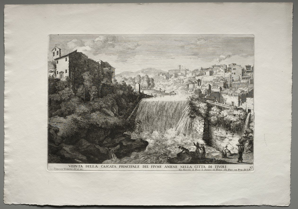 De fonteinen van Rome, Boek IV, plaat 27: Uitzicht op de belangrijkste waterval van de rivier Aniene in de stad Tivoli door Giovanni Francesco Venturini