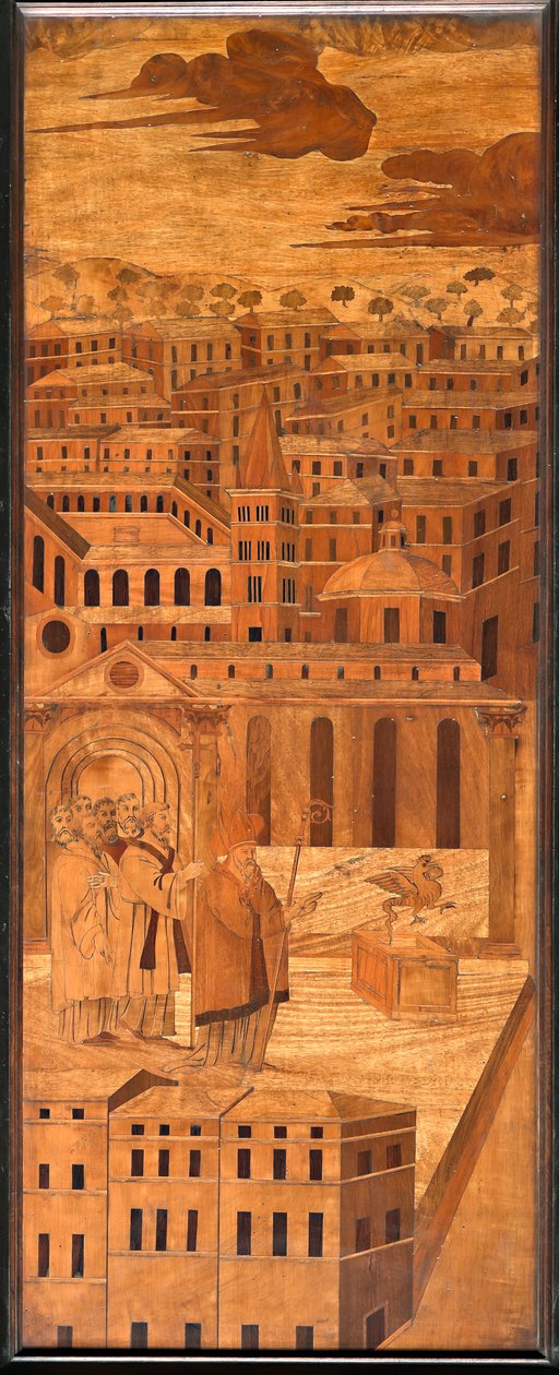 Genua, Duomo (Sint-Laurenskathedraal), binnen, apsis, koor, noordzijde: "Sint-Syrus verjaagt de basilisk", houtintarsia door Anselmo De