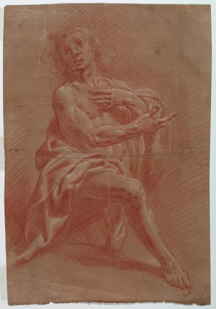 Tekening, Knielende man, voor een Aanbidding van de Herders, 1601-1650 door Giovanni Giacomo Barbelli