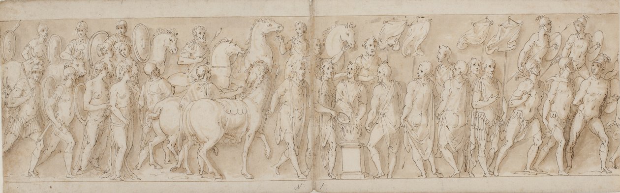 Gevangen vrouwen worden weggevoerd; parade van de lijfwachten; Marcus Aurelius offert bij een altaar; Marcus Aurelius kijkt naar een aanval door Giovanni Guerra