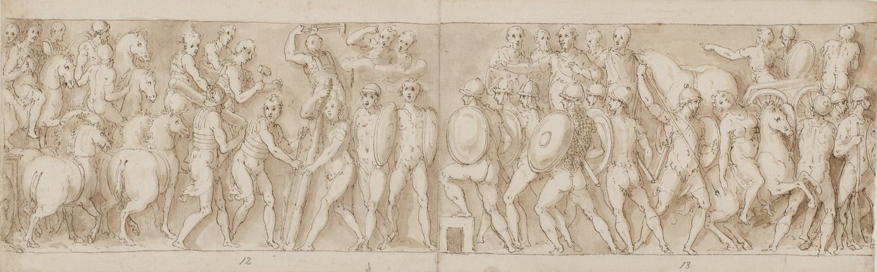 Einde van een mars door de keizer met zijn legionairs en bewakers (einde van XCIII); de Romeinen bouwen een kamp (begin van XCIV); de Romeinen op mars met de keizer (XXXV / XXXVI) door Giovanni Guerra